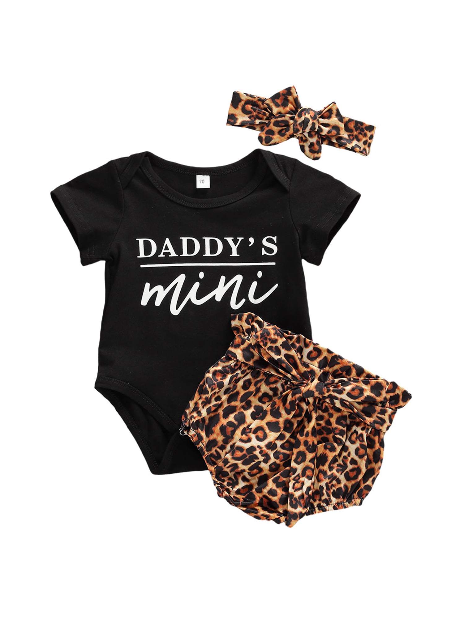 Headband Clothes Outfits Pants 3Pcs Newborn Baby Boys Girls Romper Set Leopard & Floral & Letter Printed Romper 