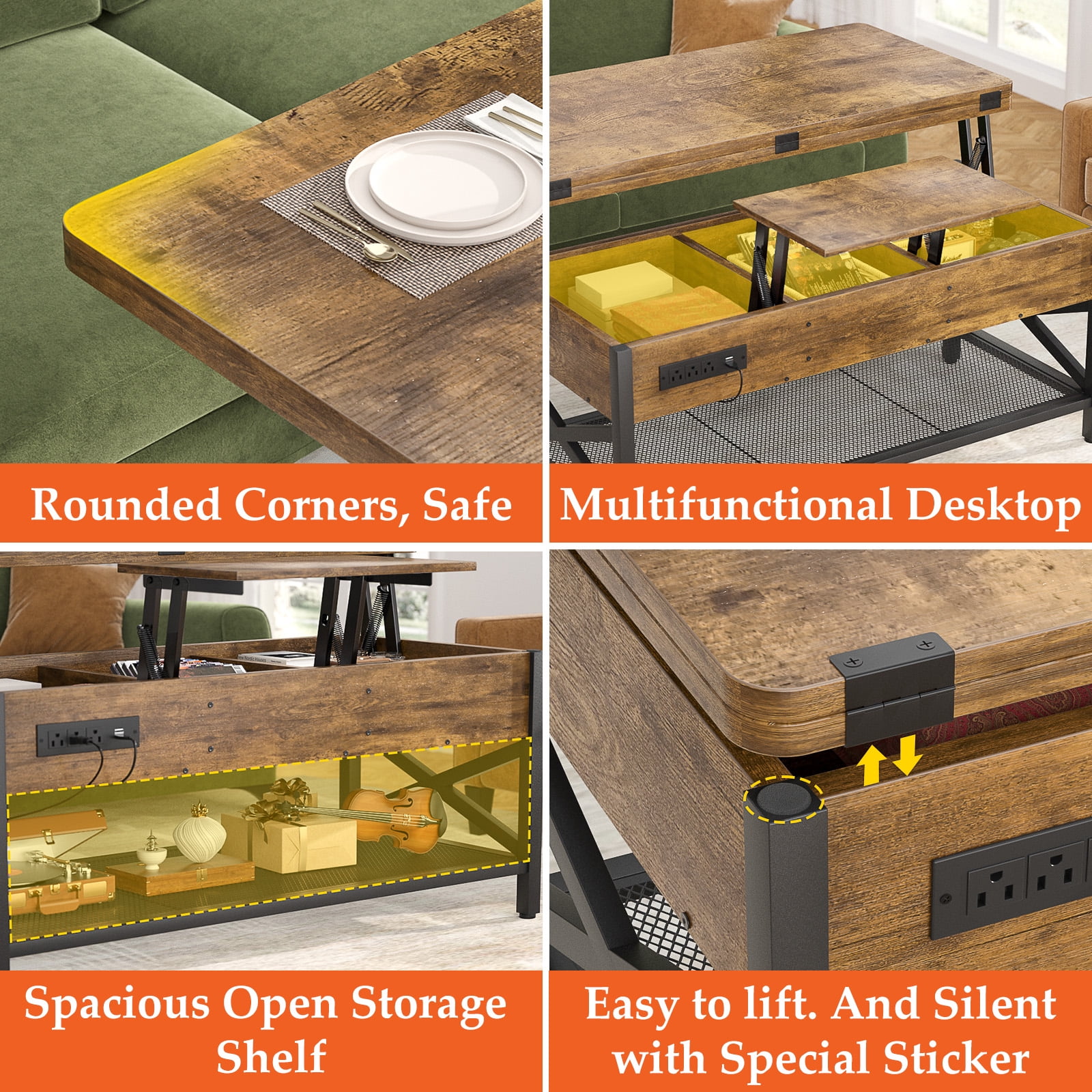 Homieasy Coffee Table Lift Top with LED Light and Power Outlet, Multi-Function Coffee Table Converts to Dining Table, Center Table with Shelves for Living Room Reception Home Office, Rustic Brown