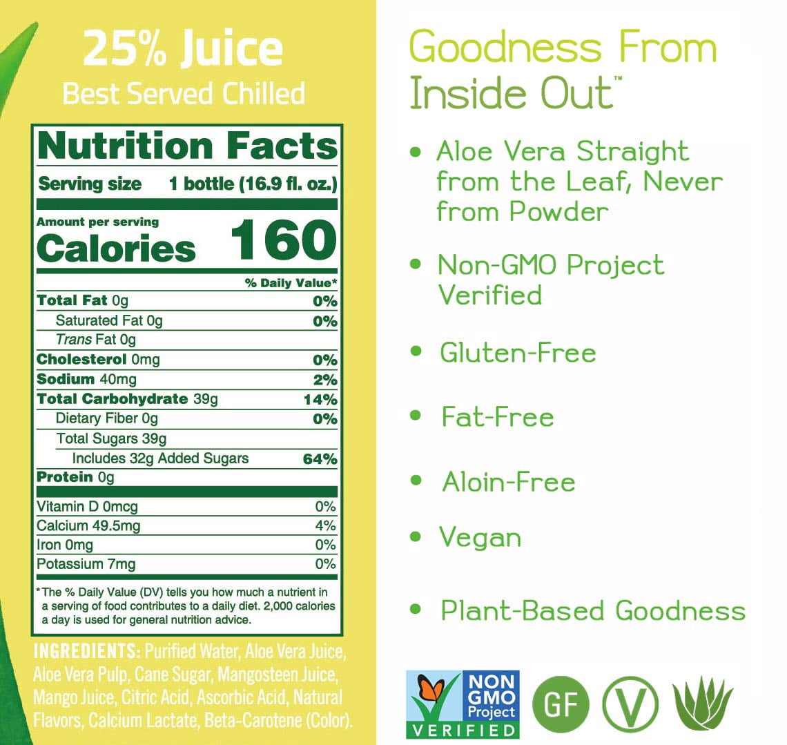 Pack of 12, Alo Aloe Vera Juice Drink, Mangosteen + Mango, 16.9 fl oz