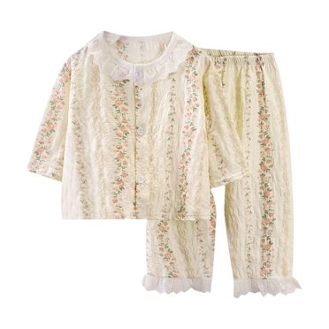 WRKEKC Girls Floral Lace Pajama Set 2-11 Years Short Sleeve Button-Front Top & Nine-Point Pants Lightweight Breathable Loungewear for All Seasons
