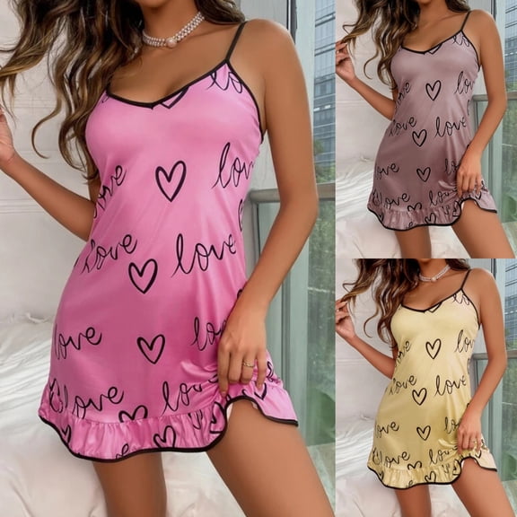 Chroia Women's Milk Silk Ruffle Nightgown - V Neck Spaghetti Strap Sleeveless Printed Sleepwear