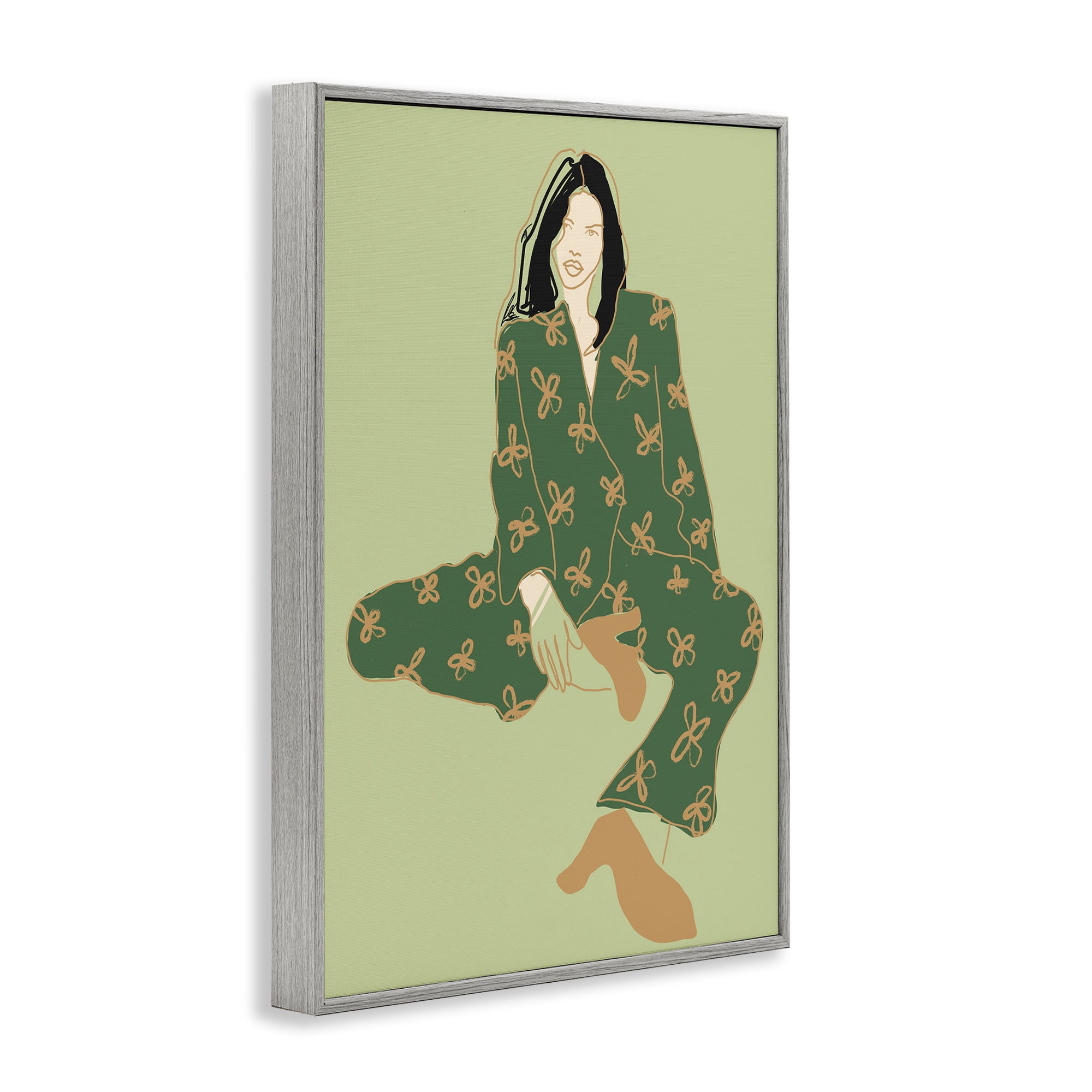 Stupell Industries Stylish Girl Sitting Novelty Painting Gray Framed Art Print Wall Art, 16 x 24