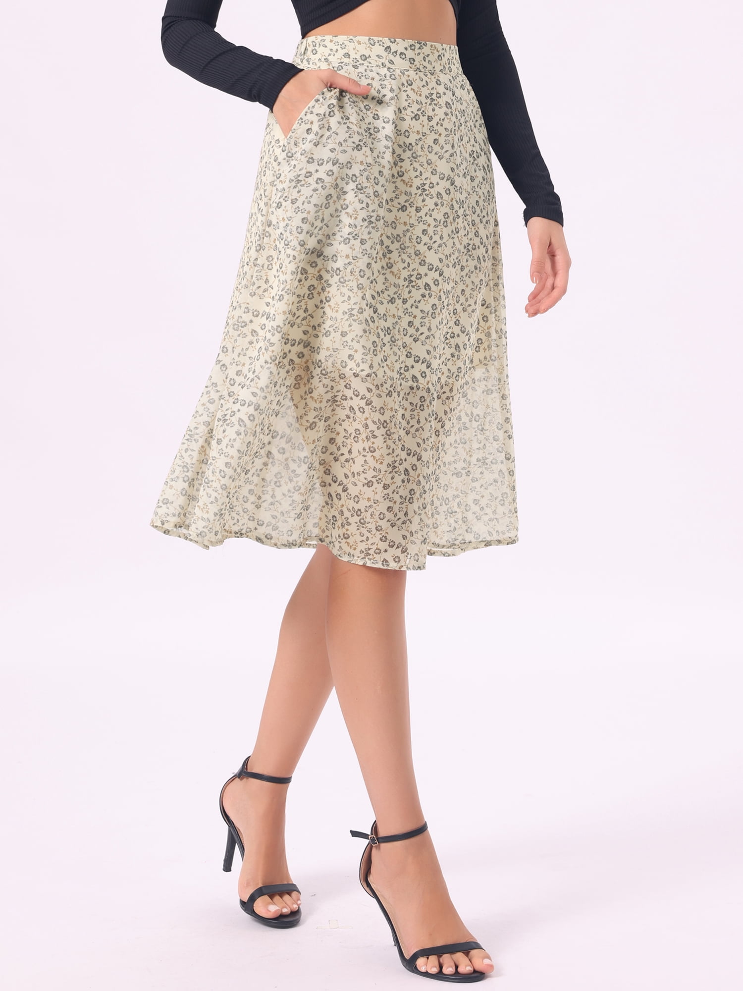 DARING DIVA Women's Floral Midi A-Line Chiffon High Waisted Skirt M Apricot Gray