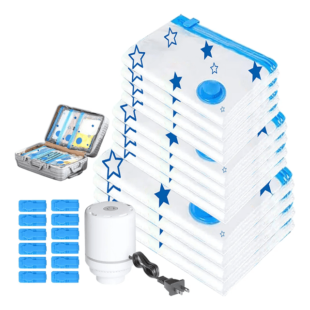 Bolsas De Vacío Para Ropa Con Bomba Eléctrica, 12 Pzs de estrellas Malubero Blanco, Azul
