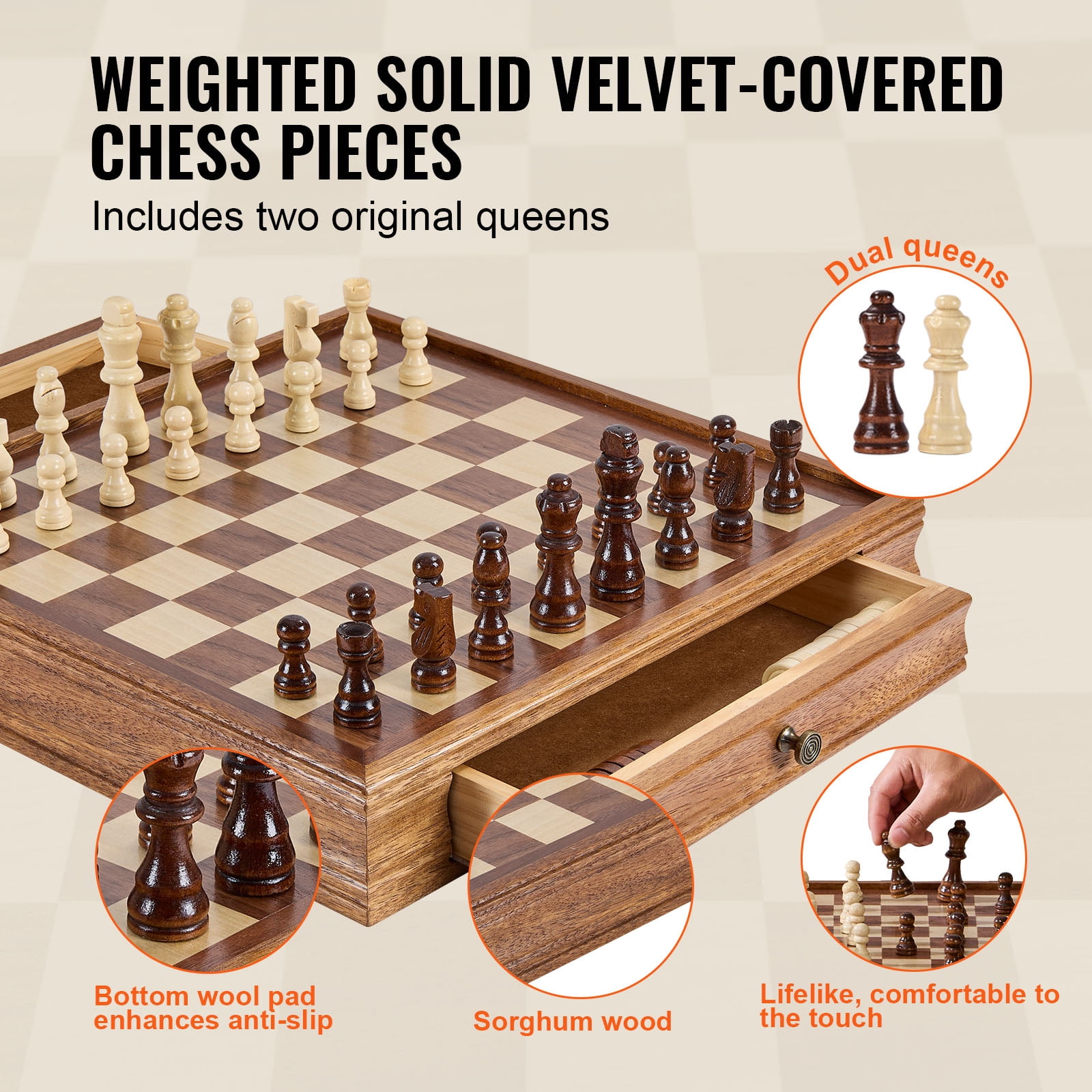 KFFKFF Chess Set Crafted from Solid Wood, 15 inch Dual-Function Chess and Checkers Game Set, Comes with Storage Drawer, Weighted Chess and Checkers Pieces, and Extra Queens