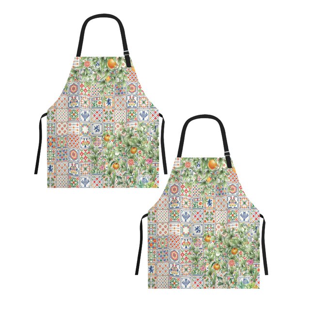 Oleegame 2PC Pretty Apron Original Bohemian Plaid Orange Digital Printing Waterproof And Apron