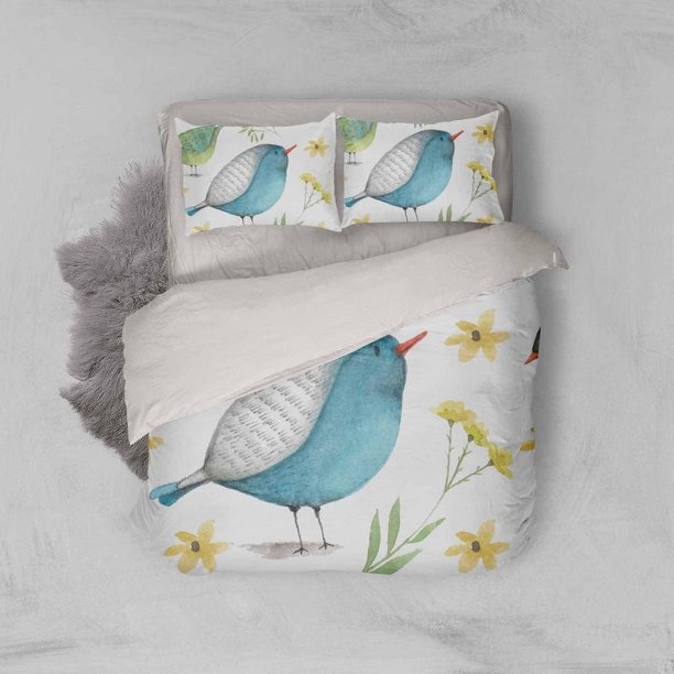 3D Blanco Azul Pájaro Floral Funda de edredón Juego de ropa de cama Fundas de almohada 21