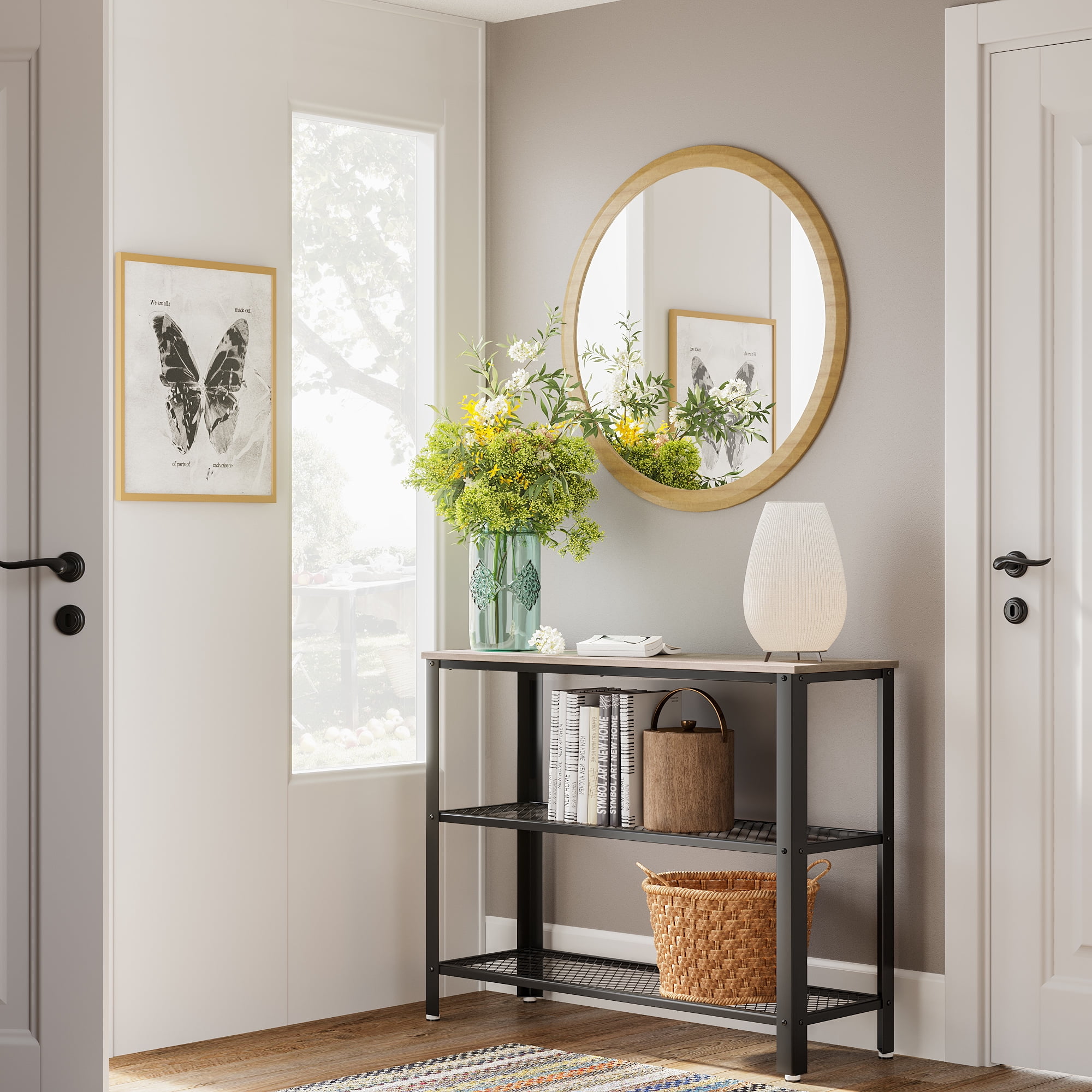 LEDREM 40-Inch Industrial Console Table, 3-Tier Entryway Table with 2 Mesh Shelves, Narrow Sofa Table for Hallway, Greige & Black