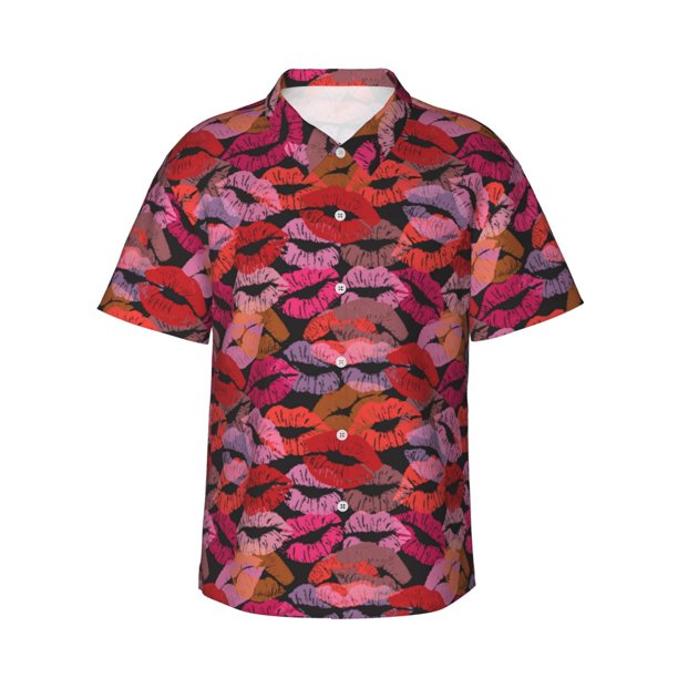 Fotbe Red Lips Kissing Camisa Hawaiana para Hombre Unisex – Camisa Casual de Verano con Botones de Manga Corta de Algodón y Lino,Medium