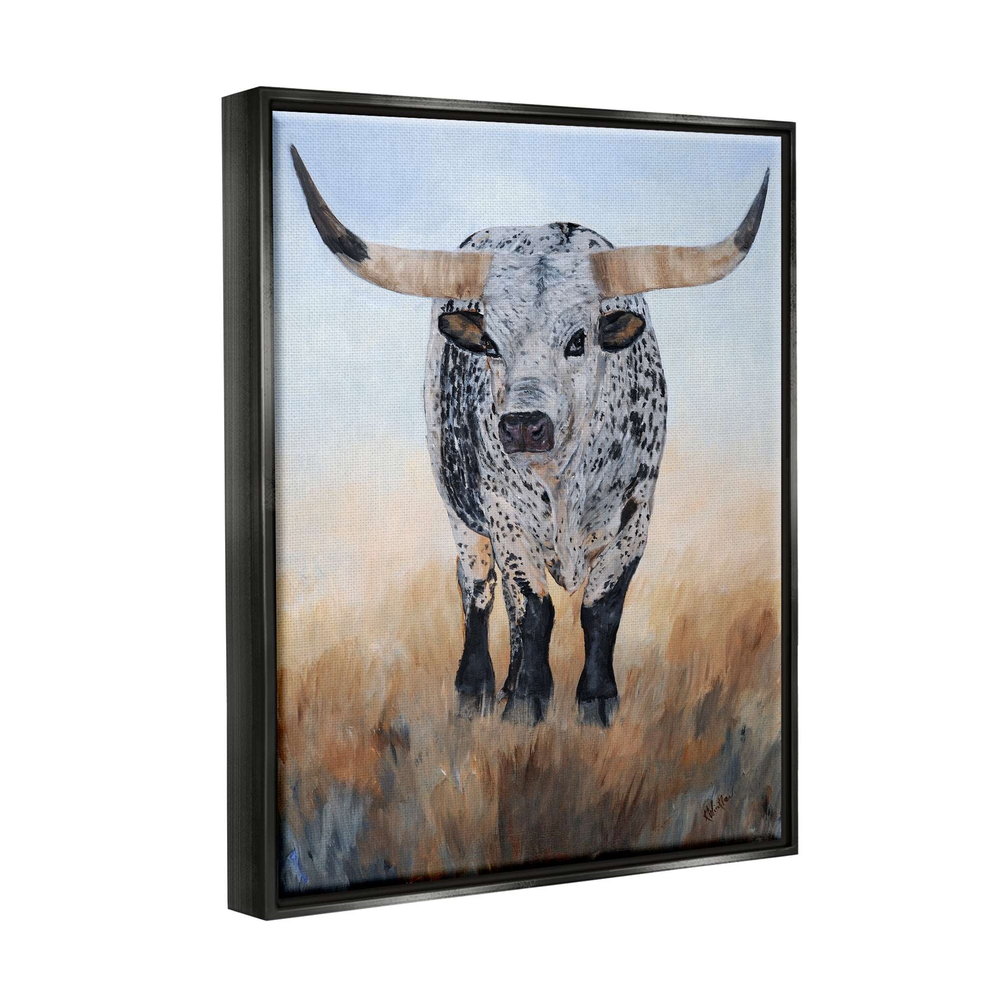 Stupell Rural Longhorn Cattle Animal Animals & Insects Painting Black Floater Framed Art Print Wall Art