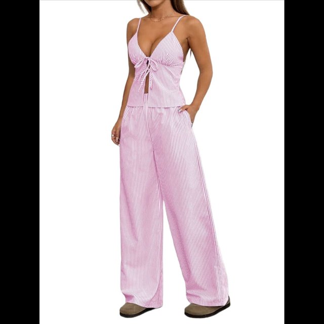Conjunto de 2 Piezas para Mujer: Camiseta Sin Mangas con Cordones y Espalda Descubierta, y Pantalón con Cordón Ajustable, para Club, Color Rosa, Talla XL
