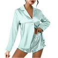 thumbnail image 1 of Qertyioot Tendances Femmes Ensemble de Pyjama Décontracté Ample Col en V Rayé Manches Longues + Shorts, 1 of 5