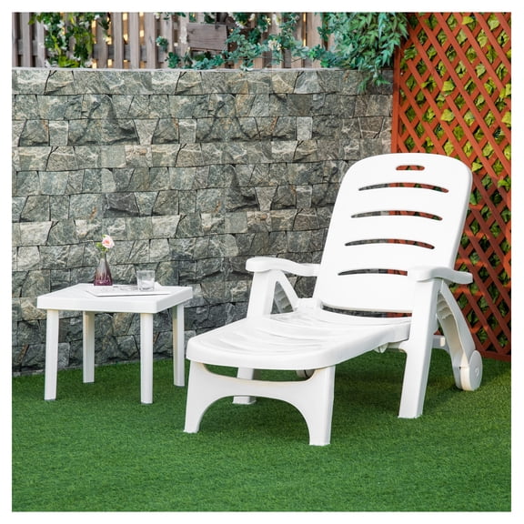Outdoor Chaise Lounge Chair, Folding Pool Sun Lounger, 5 Adjustable Positions, Waterproof, Wheels, White