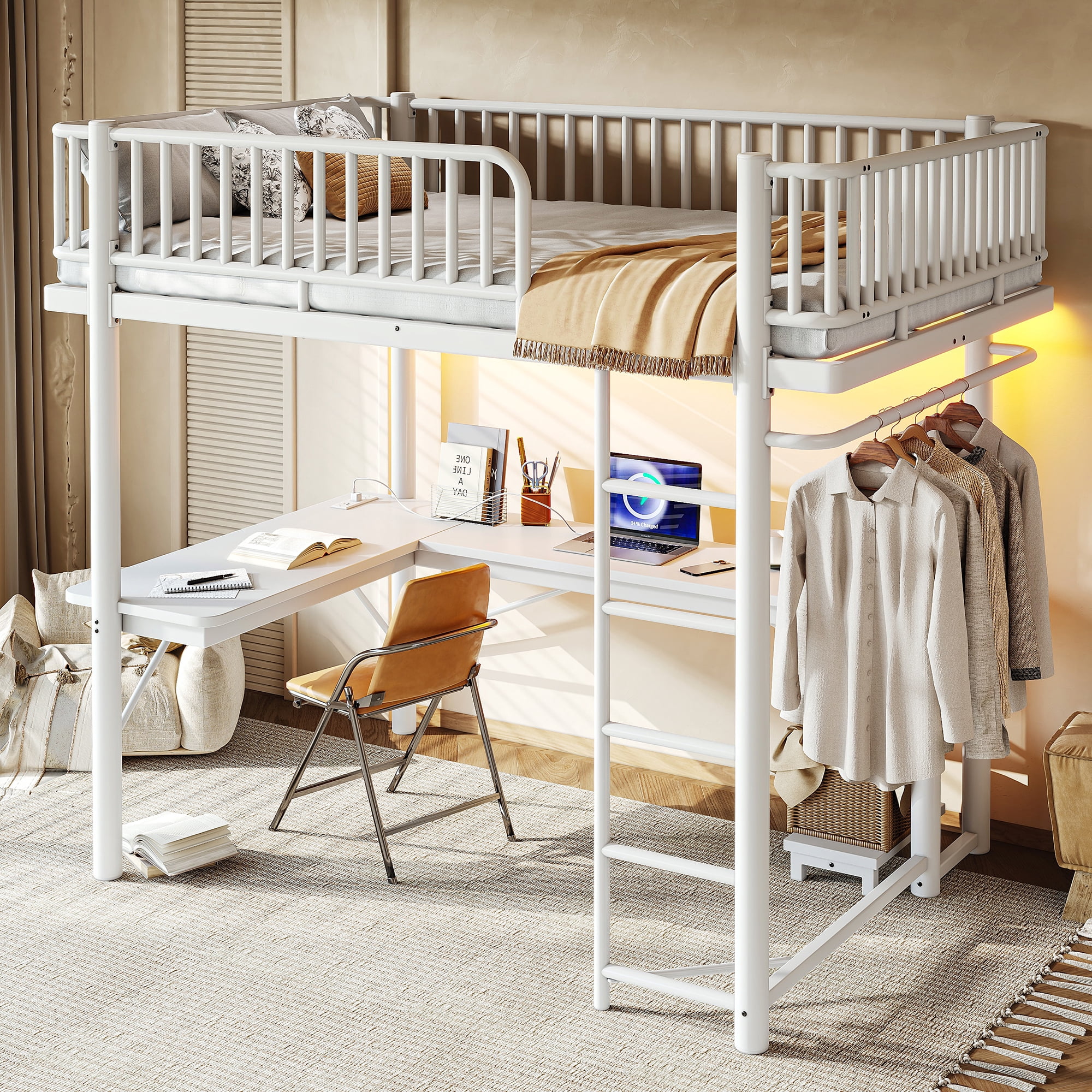 Leumius Full Loft Bed with L-Shaped Desk,LED Light Strip and Charge Station,Metal Loft Bed Frame with Computer Mainframe Tray and Hanging Area,Light White