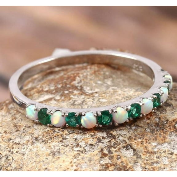 Emerald opal wedding band half eternity art deco emerald opal ring 925 Silver gemstone promise bridal matching band May birthstone custom.