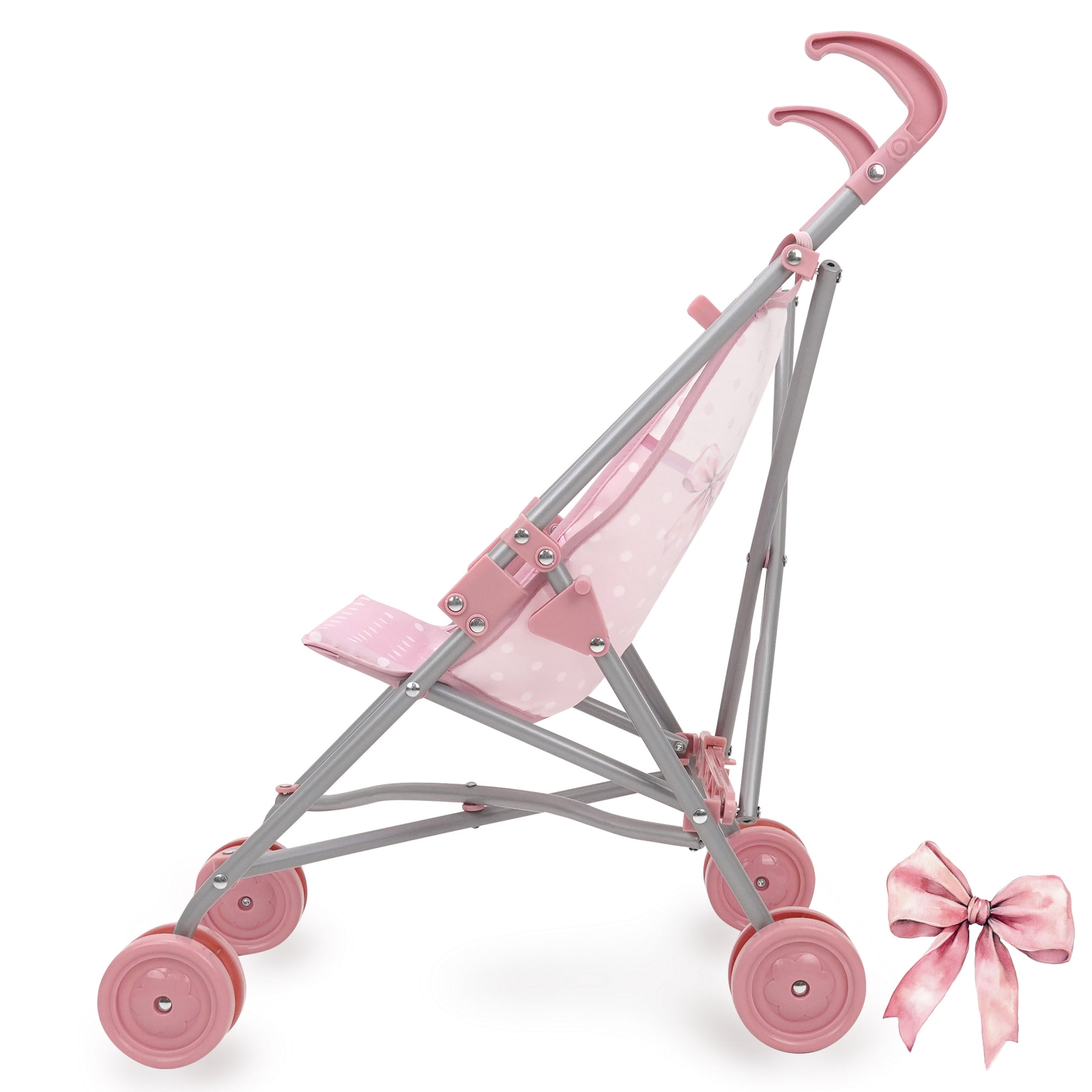 509 Crew: Bow Umbrella Doll Stroller - Pink & White, Push Buggy, Secure Safety Harness, Lightweight & Foldable, Roleplay Toy, Doll Accessory, Kids 3+