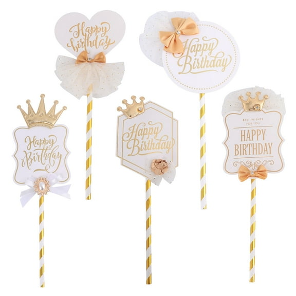 Oraceous 5 Pcs in 1 Set Cake Topper Delicate Crown Lace Decor Cake Pick for Birthday Party Cupcakes Festival Cake Supplies (White Golden)