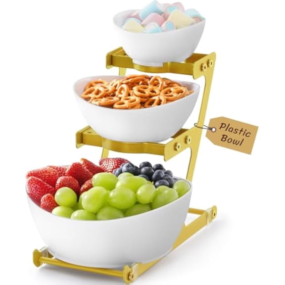 Lifewit 3 Tier Plastic Serving Bowls with Metal Stand, Chips and Dip Serving Tray Set for Entertaining Party, Crack-Proof Serving Platters for Fruit/Salad/Snack/Dessert Appetizer/Candy, Gold