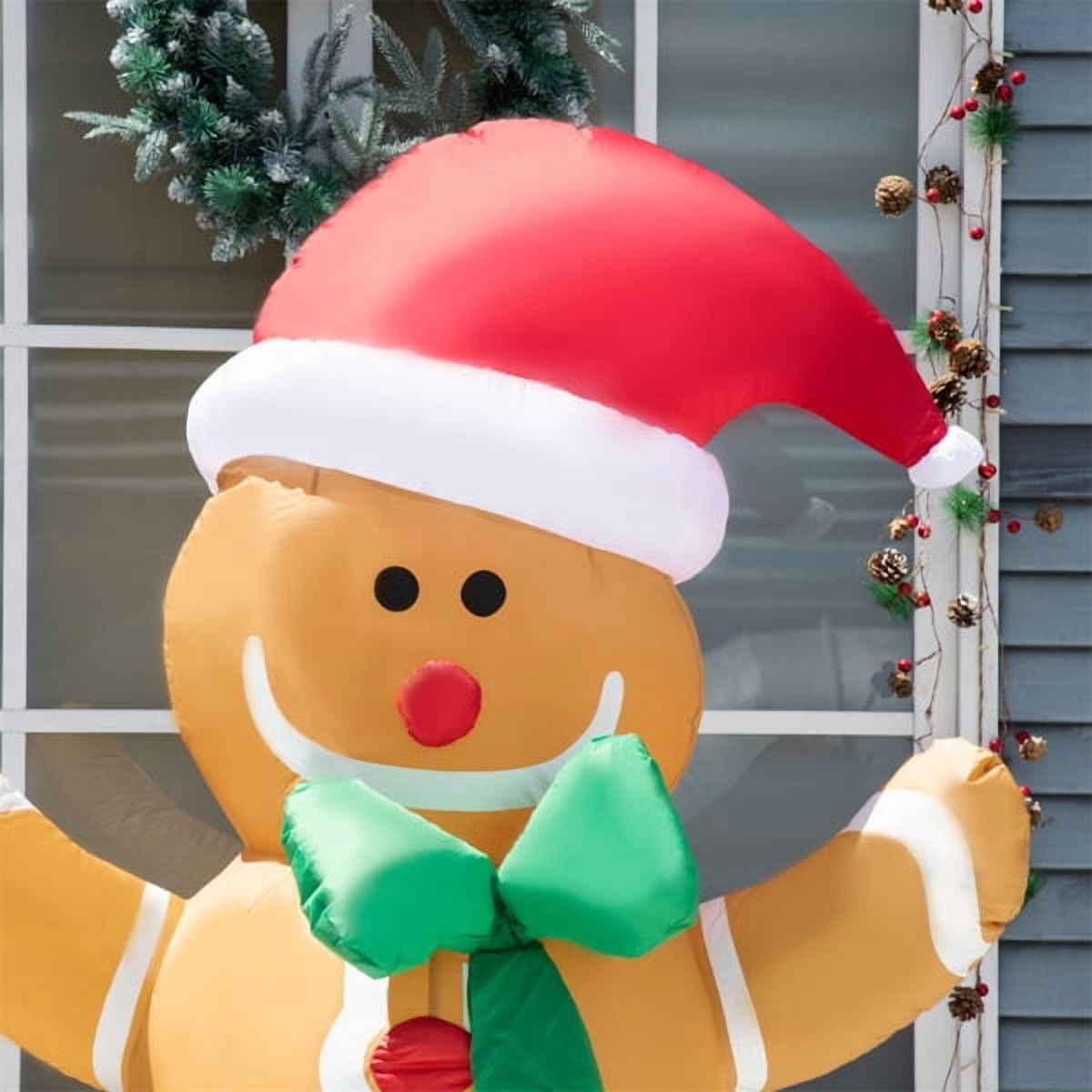 72"H Inflatable Christmas Gingerbread Man Decoration, Built-in LED Lights, 6 Ground Stakes/3 Tethers, Air Blower Included, Indoor/Outdoor Holiday Decor