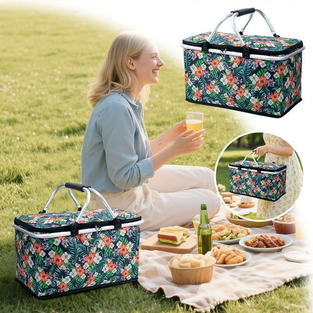 Sac de Courses Pliable 30L Grand Sac à Lunch de Pique-Nique avec Poignées Réutilisable pour Voyage Rangement d'Épicerie pour Camping Extérieur Marché