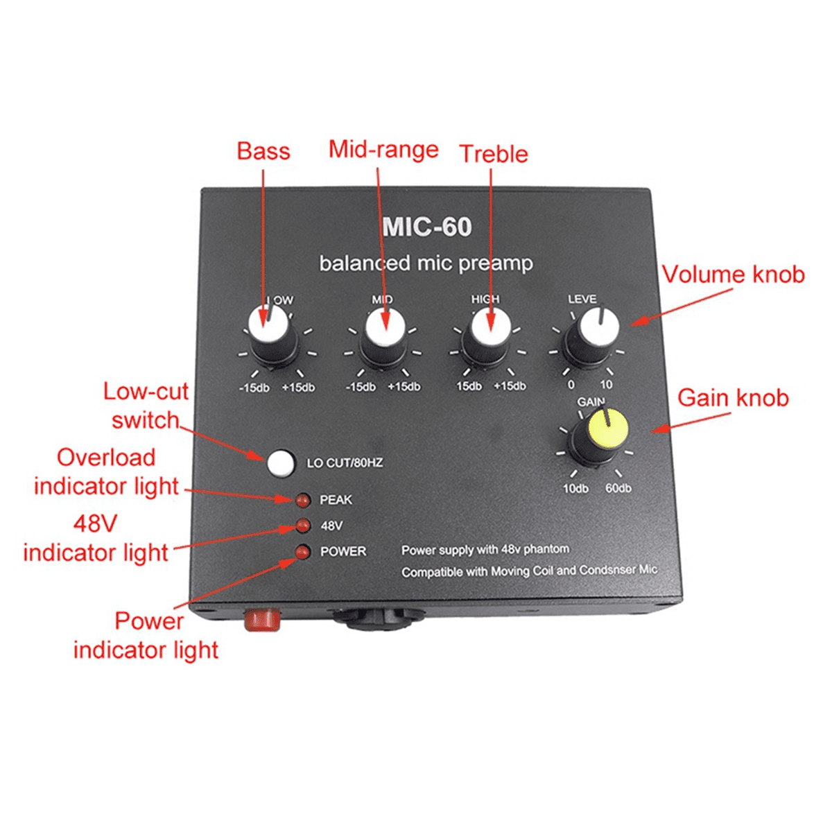 MIC-60 3-Band Equalizer Balanced Mic Preamp Microphone Preamplifier with DC Cable and 3.5mm Cable