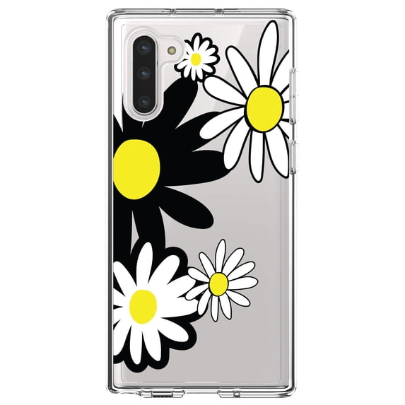 DistinctInk Clear Shockproof Hybrid Case for Samsung Galaxy Note 10 (6.3" Screen) - TPU Bumper Acrylic Back Tempered Glass Screen Protector - Black & Yellow Modern Daisies