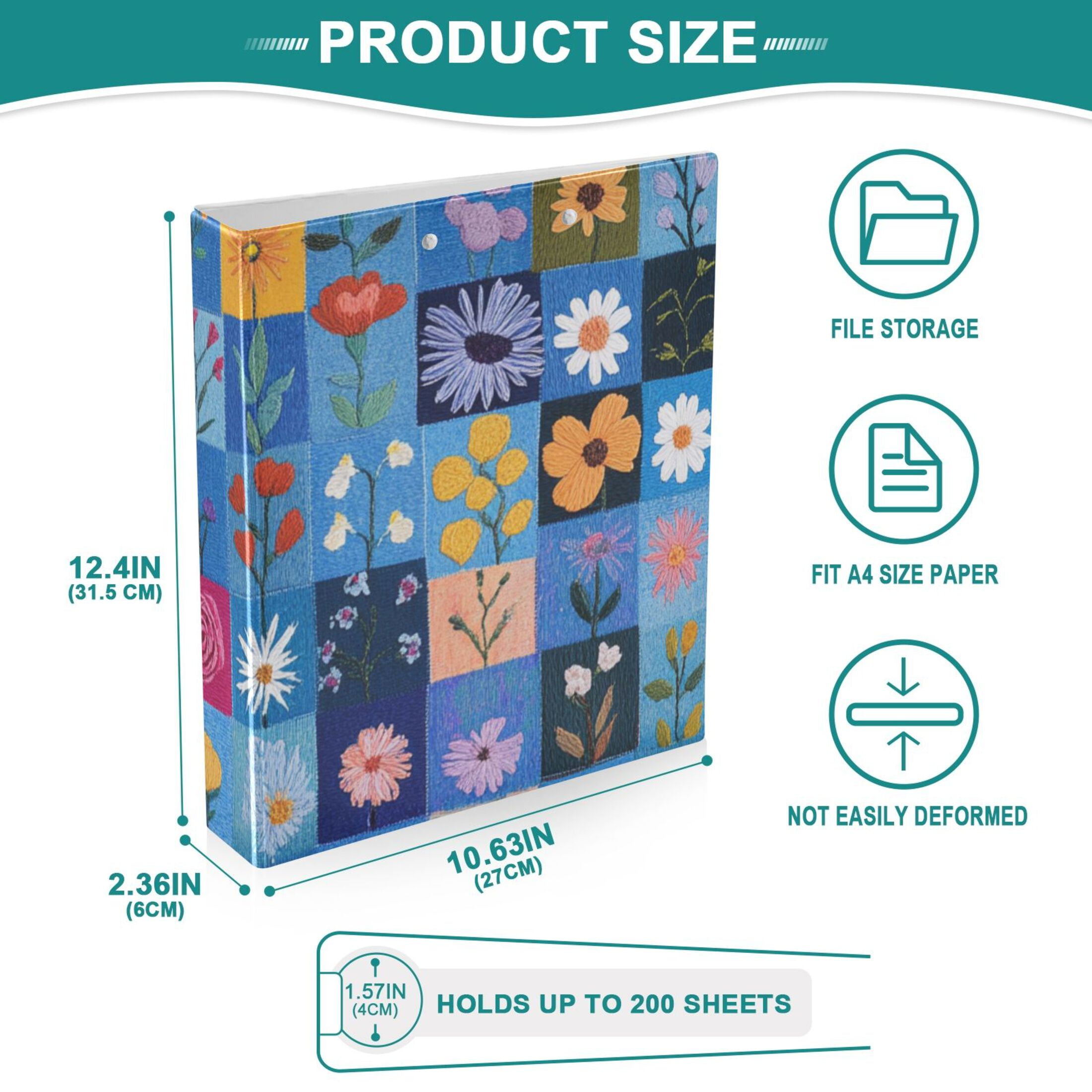 Flowers in Blue Grids 3 Ring Binders 1.5 inch Hardcover File Folders with Interior Pockets A4 Size Organizer for School Office Hospital