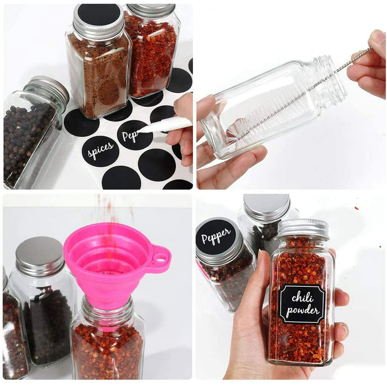 48 Pack 4 oz 120 ml Clear Glass Spice & Salts Jars Bottles, Square Glass  Seasoning Jars With Aluminum Silver Metal Caps and Pour/Sift Shaker Lid. 1  Pen,80 Black Labels and 1