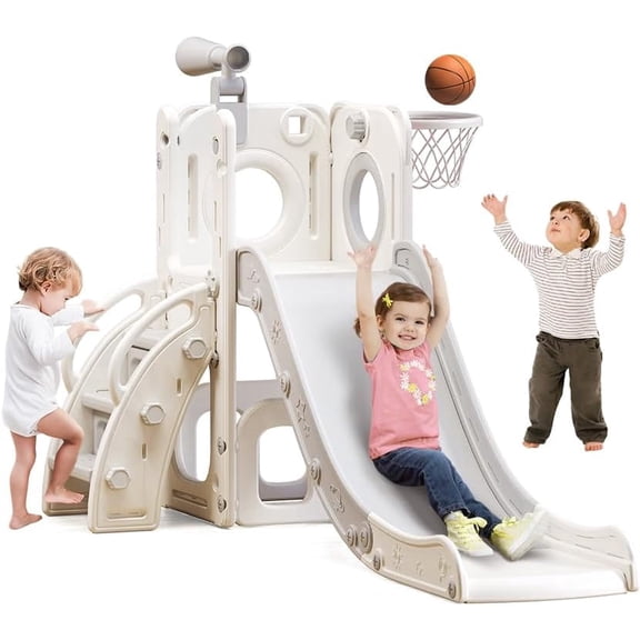 6 in 1 Toddler Playset with Slide, Kids Slide with Basketball Hoop, Ball, Ring Toss, Indoor Outdoor Toys White
