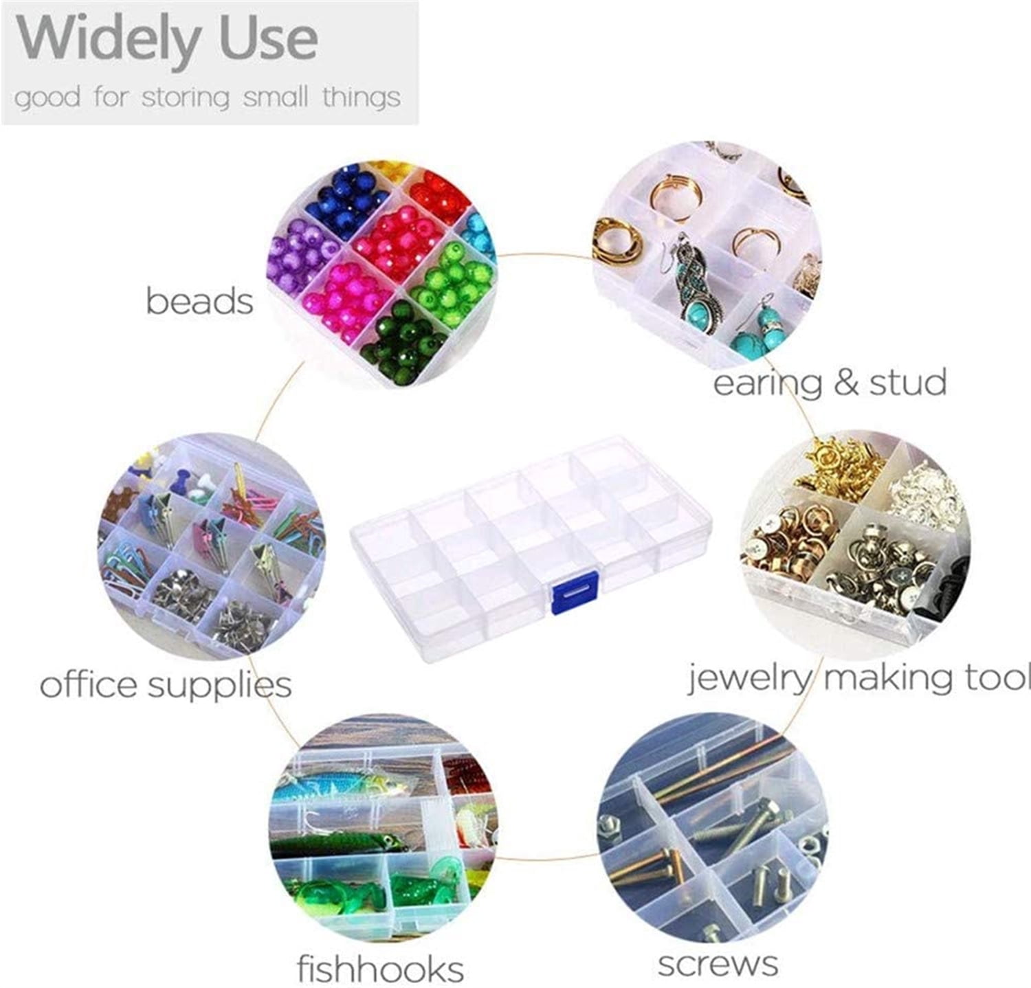 6 Pack Plastic Bead Organizer Storage Box with Compartments Containers with Adjustable Dividers Clear Storage Box for Earring Jewelry Beads Fishing Sewing Craft Supplies, 15 Grids