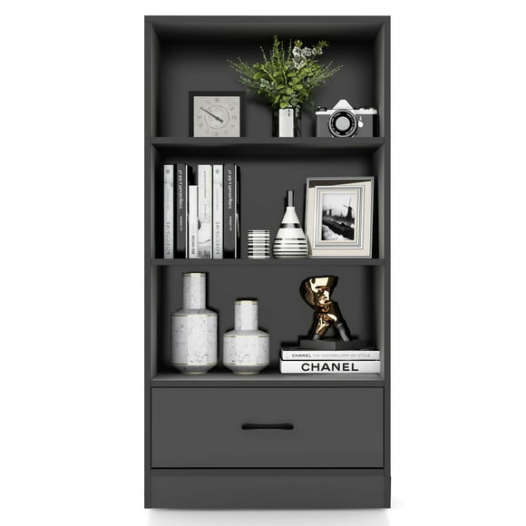 Patiojoy 4-Tier Bookcase w/Storage Drawer Modern Storage Shelf w/3-Tier Open Shelf Freestanding Display Shelf Grey