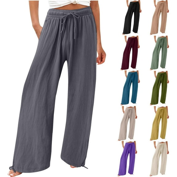 qolati Wide Leg Pants for Women Summer High Waisted Drawstring Lounge Pants 2023 Casual Elastic Waist Palazzo Pants Beach Pants with Pockets