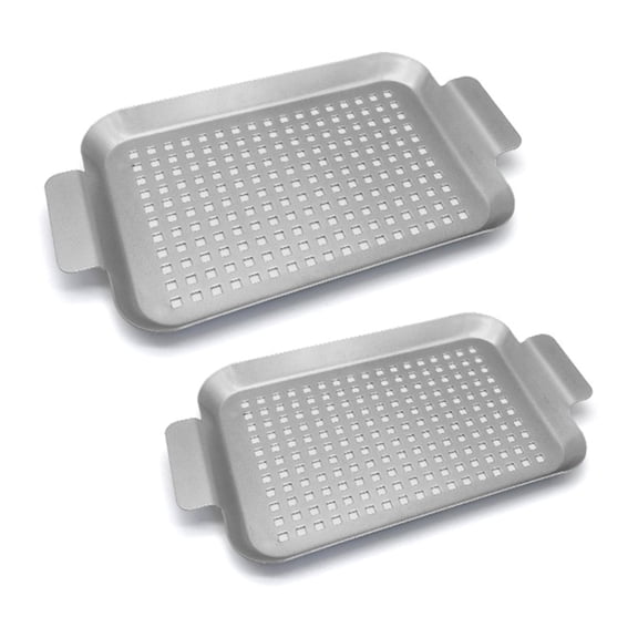 2Pcs Outdoor Frying Pan Grill Tray Metal Grill Plate BBQ Grill Pan With Holes And Handle Oven Baking Dish Cookie Tray