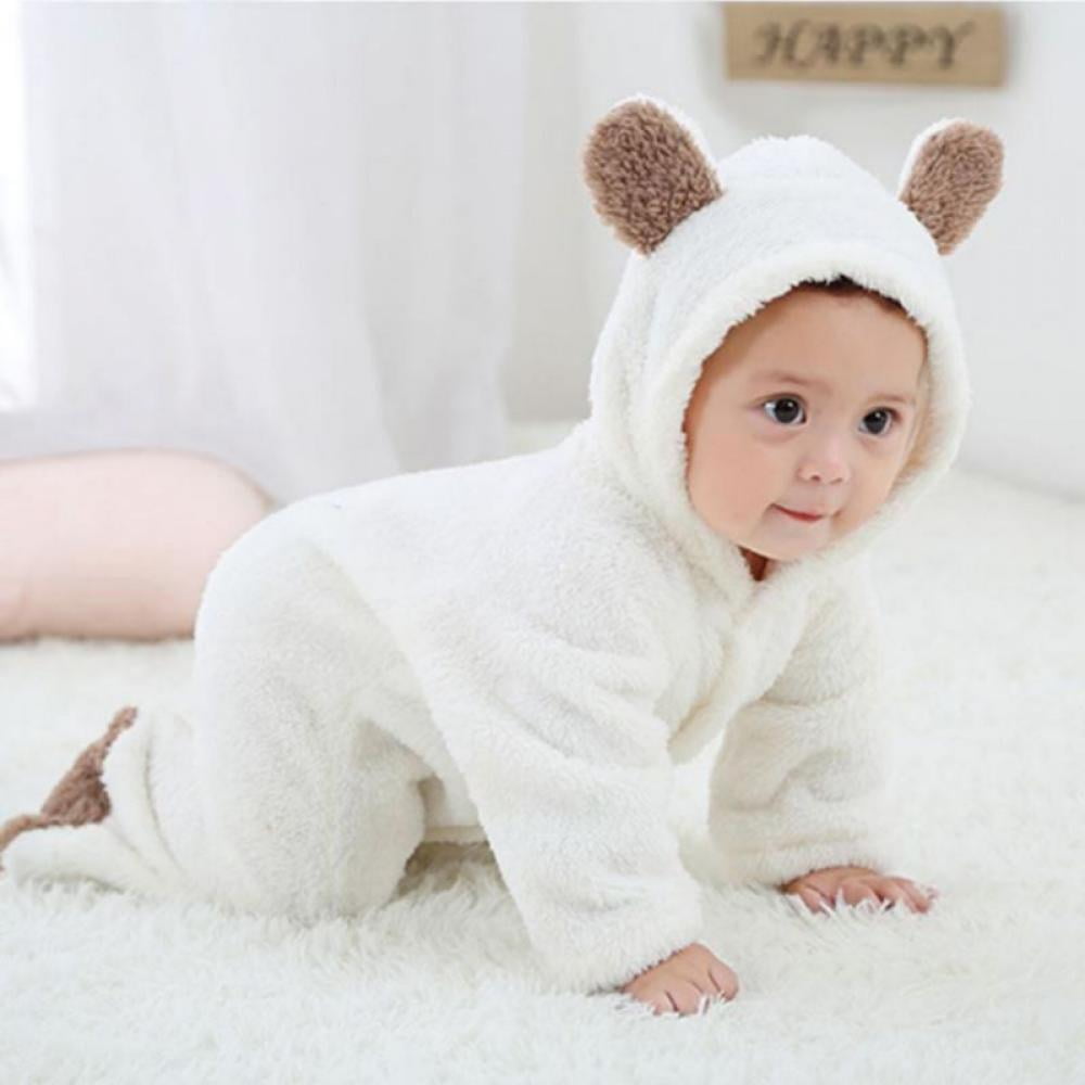 Unisex Baby Bear Ear Hooded Jumpsuit Cotton Fleece Zipper Romper Warm Newborn Kid Winter Outfits 
