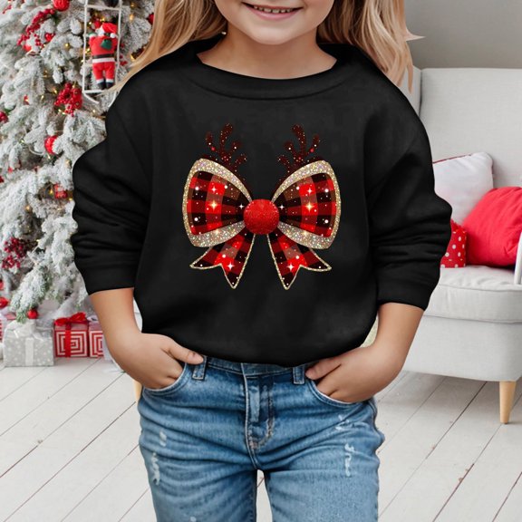 Girls Sweatshirt Kids Casual Print Crew Neck Long Sleeve Pullover Hoodless Sweatshirt Black 4-5 Years