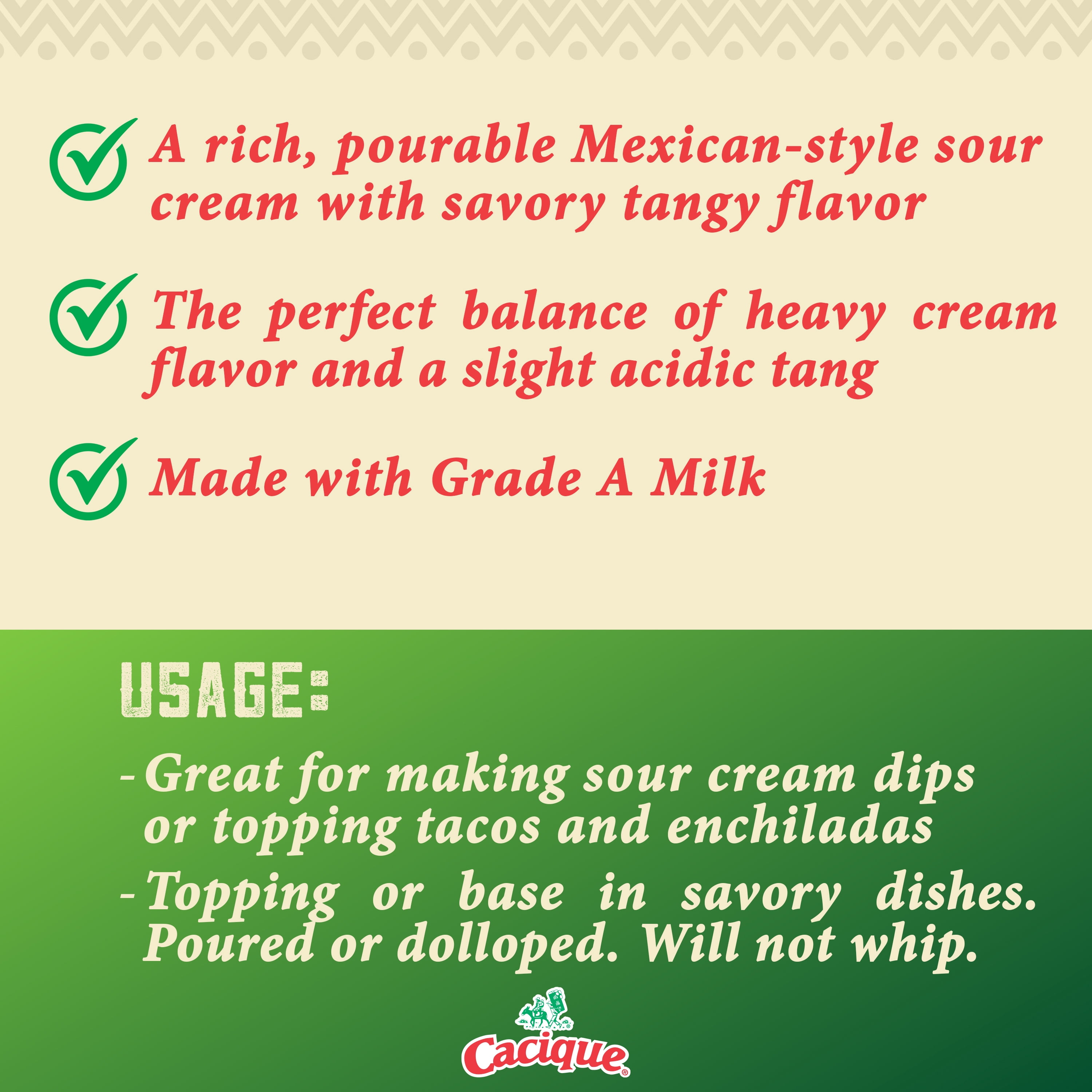 Cacique Crema Mexicana Agria, Sour Cream, 15 oz Jar (Refrigerated)