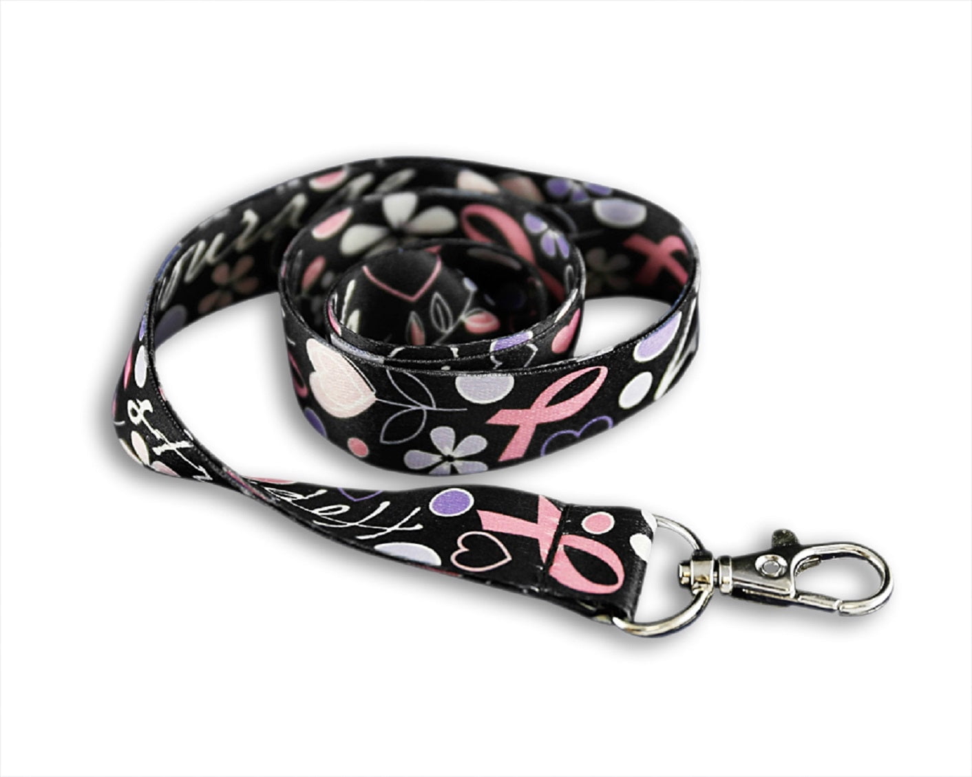Bulk Pink Ribbon Heart Ribbon Breast Cancer Awareness Lanyards (25 Lanyards)