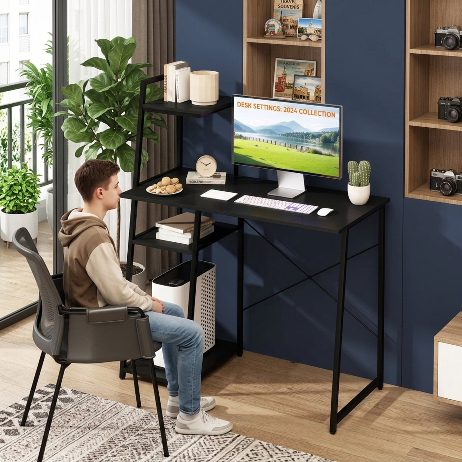 Furnibear Computer Desk with 3-Tier Storage Bookshelf Metal Frame Home Office Writing Workstation and Open Display Shelves, Black