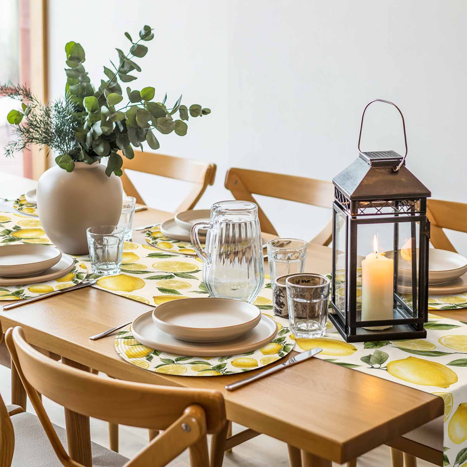 Summer Yellow Lemons Round Table Placemats set of 8, Watercolor Green Floral Leaves Washable Woven Place Mats for Dining Tables Kitchen Party Decor,Heat Proof, 15in,