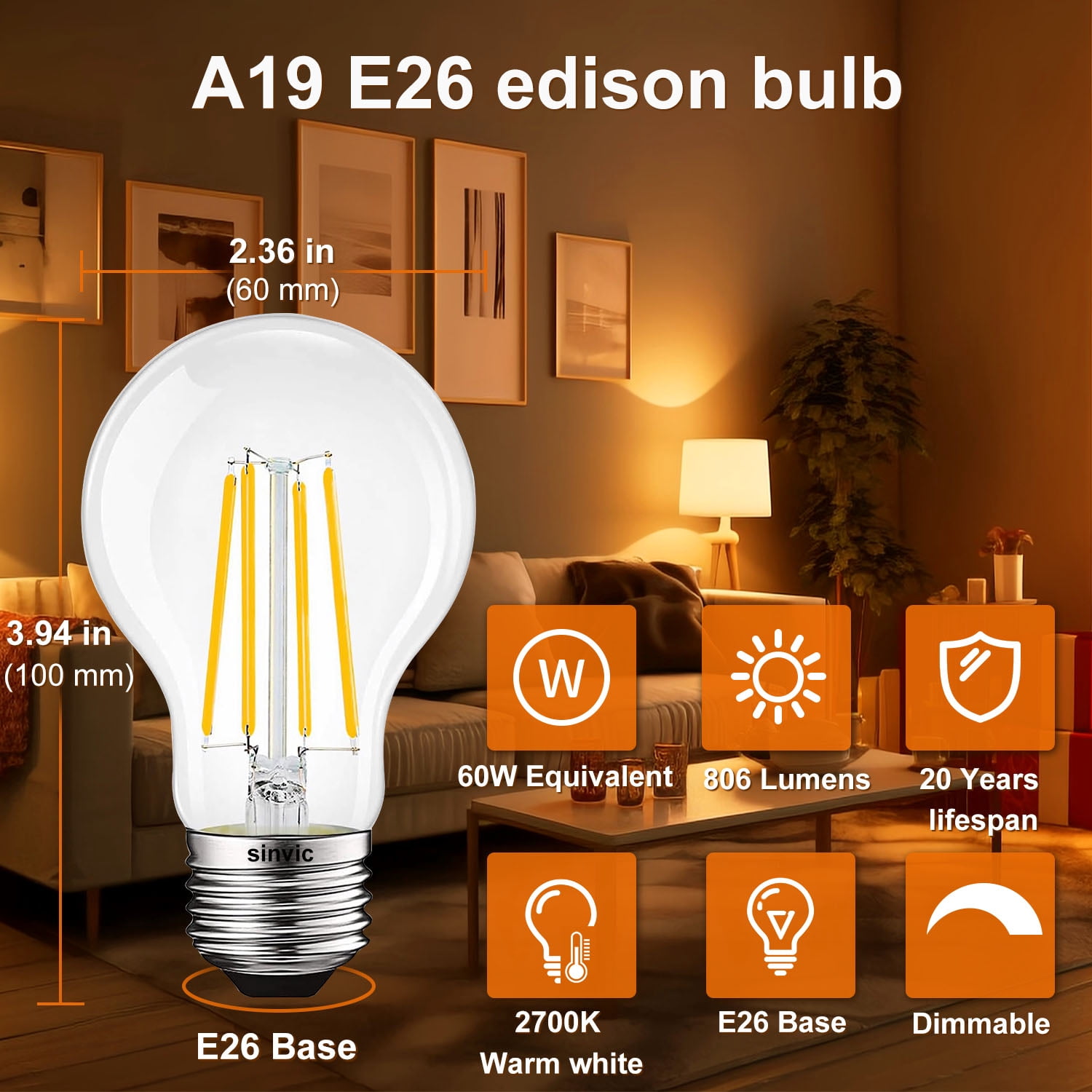 sinvic  A19 E26 Edison Bulb, 6 Pack High Output Dimmable A19 Vintage Light Bulb 806LM 2700K Warm White 8W, Equal 60W, CRI 85+ E26 Base, Clear Glass A 19 Filament LED Bulb for Chandelier, Pendant