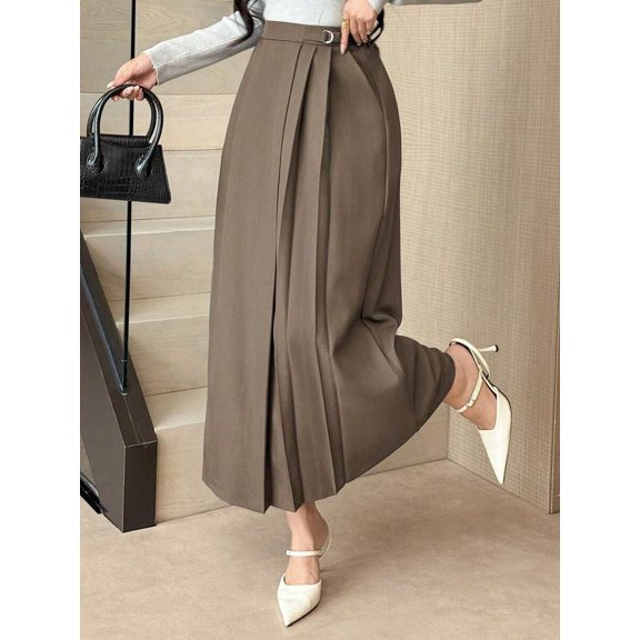 Womens Brown Solid Wrap Pleated Midi Skirt With Belted Waist And Flowing Silhouette