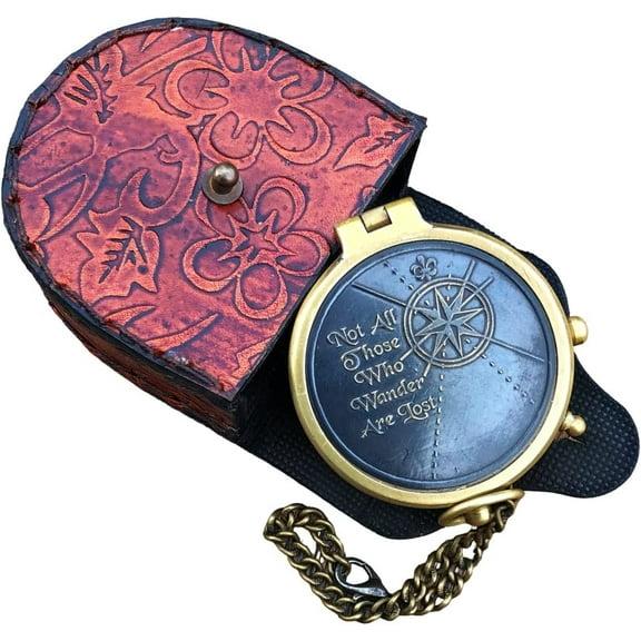 Brass Engraved Compass Directional Pocket Working Compass with Stamped Leather Case Personalized Gift for Anniversary, Birthday, Love, Sorry, Valentines Day, Keepsakes, Old Memories, Love Momentos