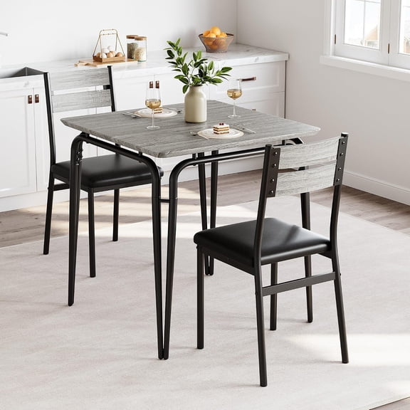 3 Piece Dining Table Set for 2, Square Kitchen Table and 2 Chairs, Space-Saving Dining Set with Cushioned Seats, Metal Frame, for Small Apartment, Breakfast Nook,Gray