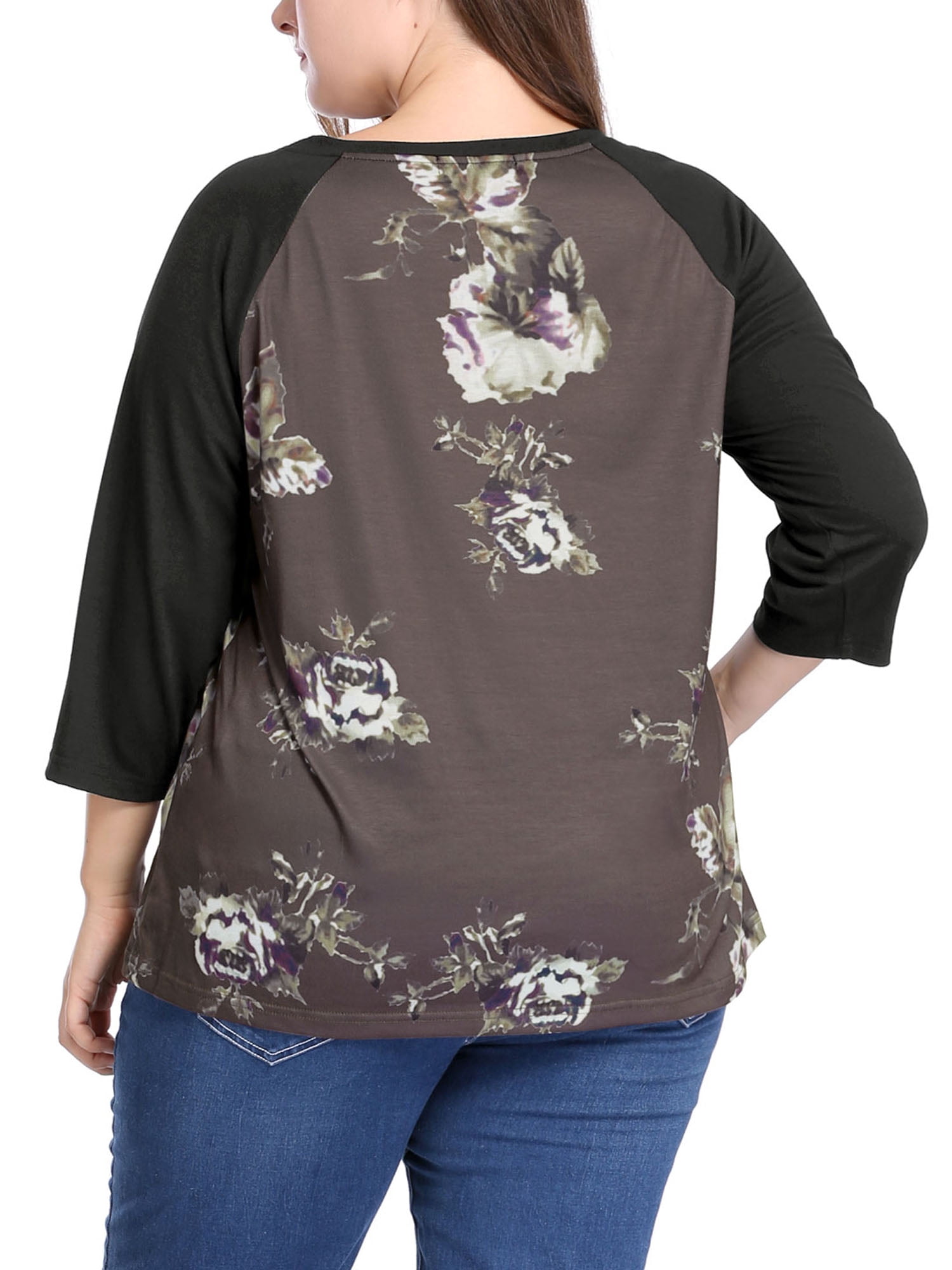 DARING DIVA Women's Plus Size Raglan Crewneck 3/4 Sleeve Floral Tunic Tee 1X Coffe