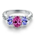 thumbnail image 3 of Gem Stone King 925 Sterling Silver Pink Created Sapphire and Blue Tanzanite Filigree Style 3 Stone Ring for Women (2.55 Cttw, Oval 8X6MM and 6X4MM) (Size 5), 3 of 6