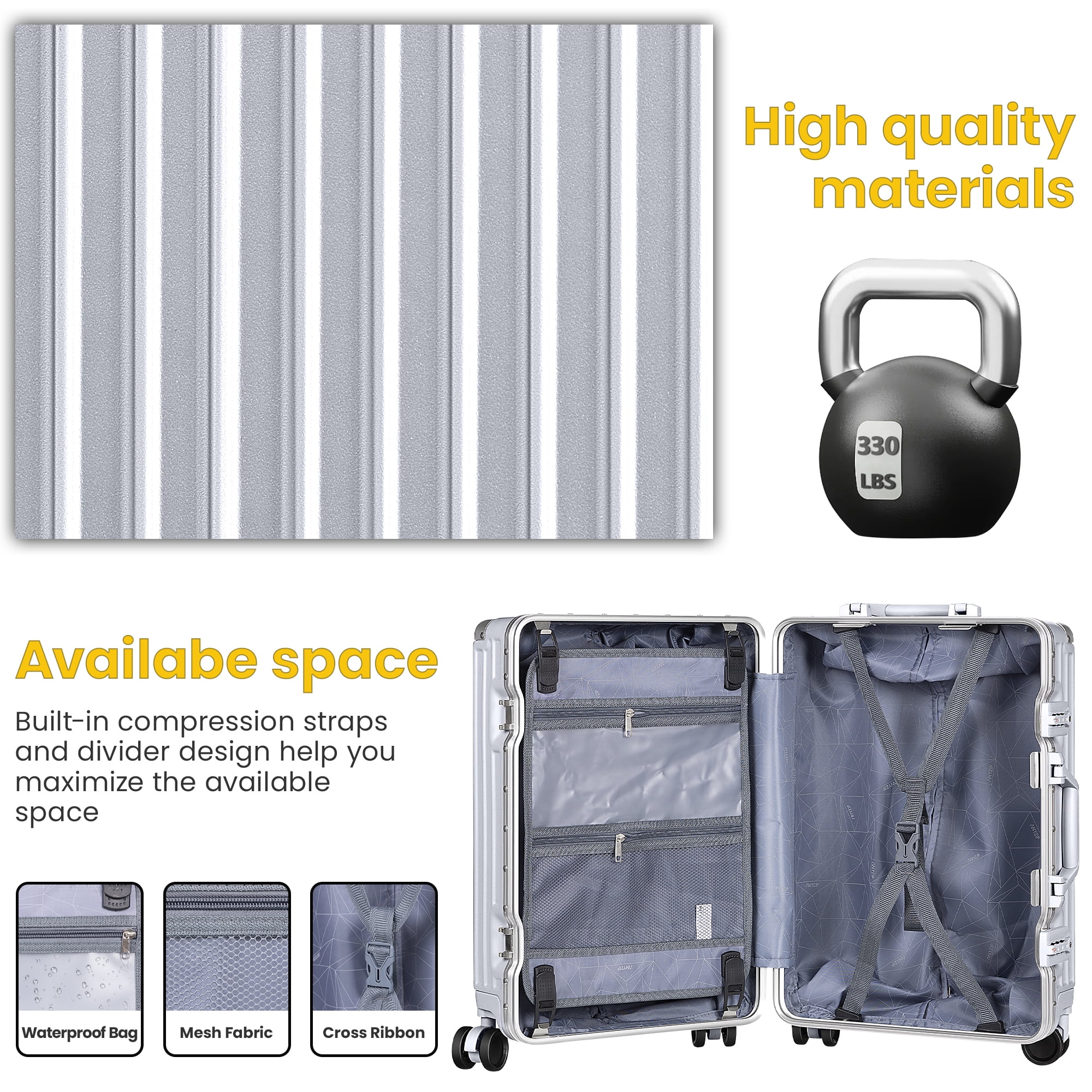 AMZFUN Carry On Luggage, Aluminium Frame, PC ABS Hard Shell, Suitcases with Wheels, TSA Lock, No Zipper, 28Inch, Sliver