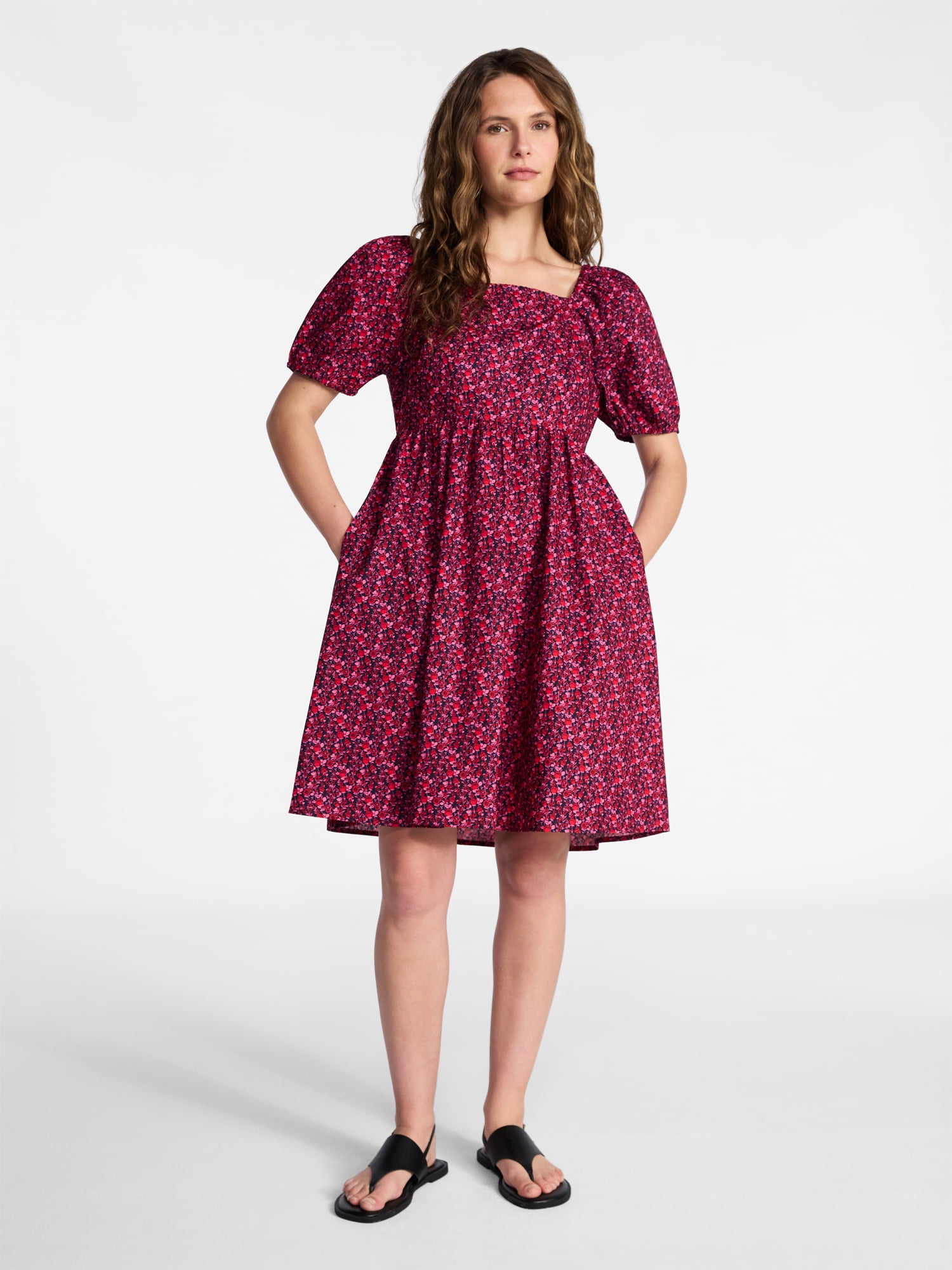 Time and Tru Women's and Women's Plus Tie Back Mini Dress with Puff Sleeves, Sizes XS-4X