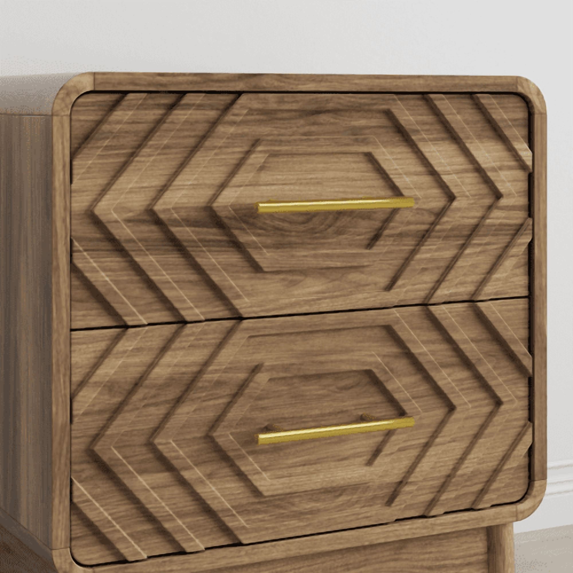 Wood 2-Drawer Nightstand with Solid Wood Legs and Gold Metal Handles, Farmhouse Bedside Table with Rounded Corner, End Table for Bedroom, Walnut