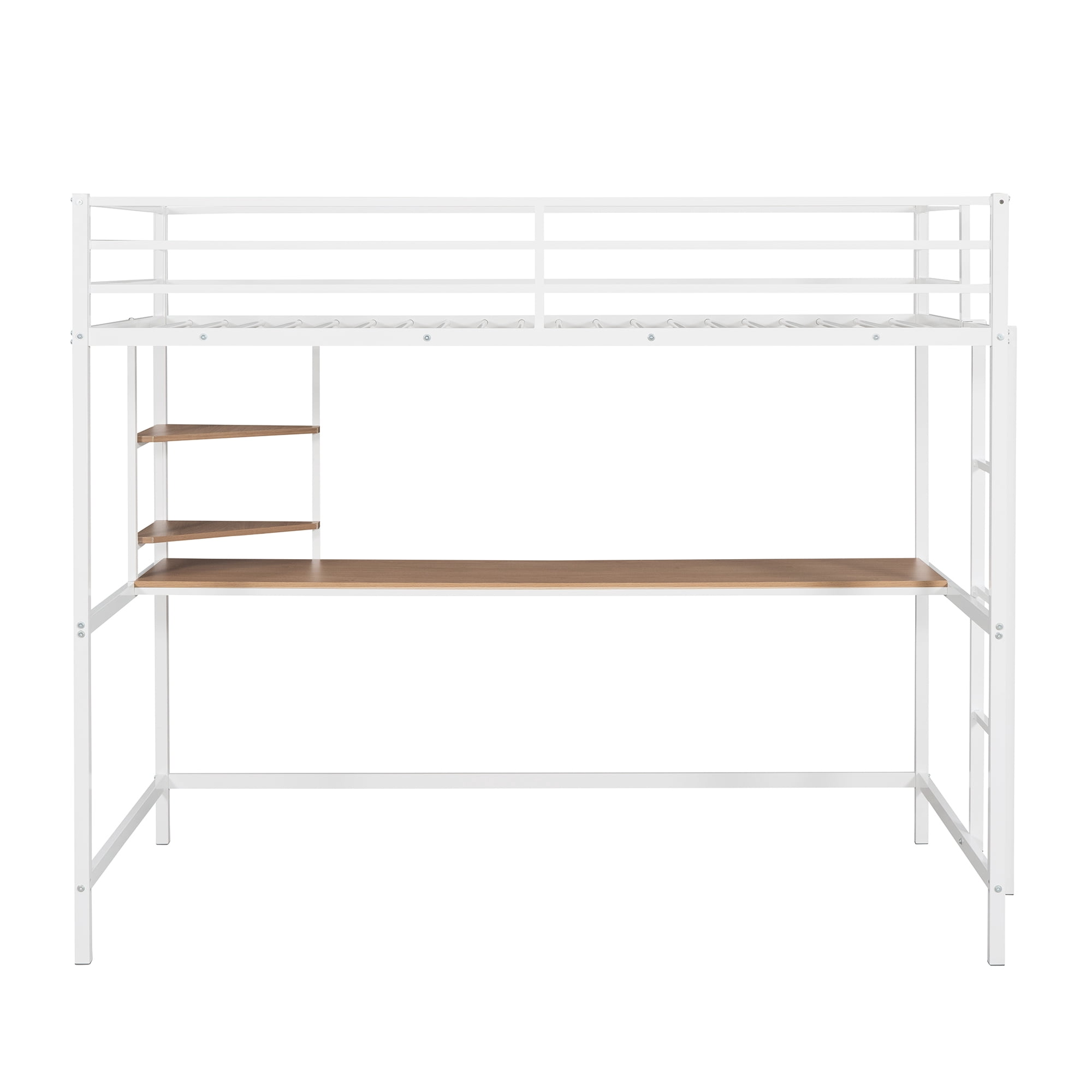Gewnee Twin Heavy Duty Metal Loft Bed Frame with Desk and Shelves ,Ladder and Full-Length Guardrail,White