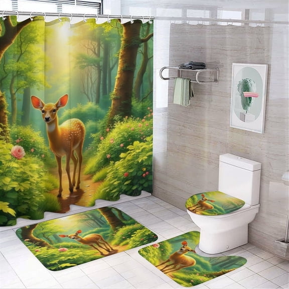 Deer in Enchanted Forest Shower Curtain Set Modern Bathroom Decor Mats 4pcs Fabric Bathroom Curtain Slip Floor Rug Toilet Lid